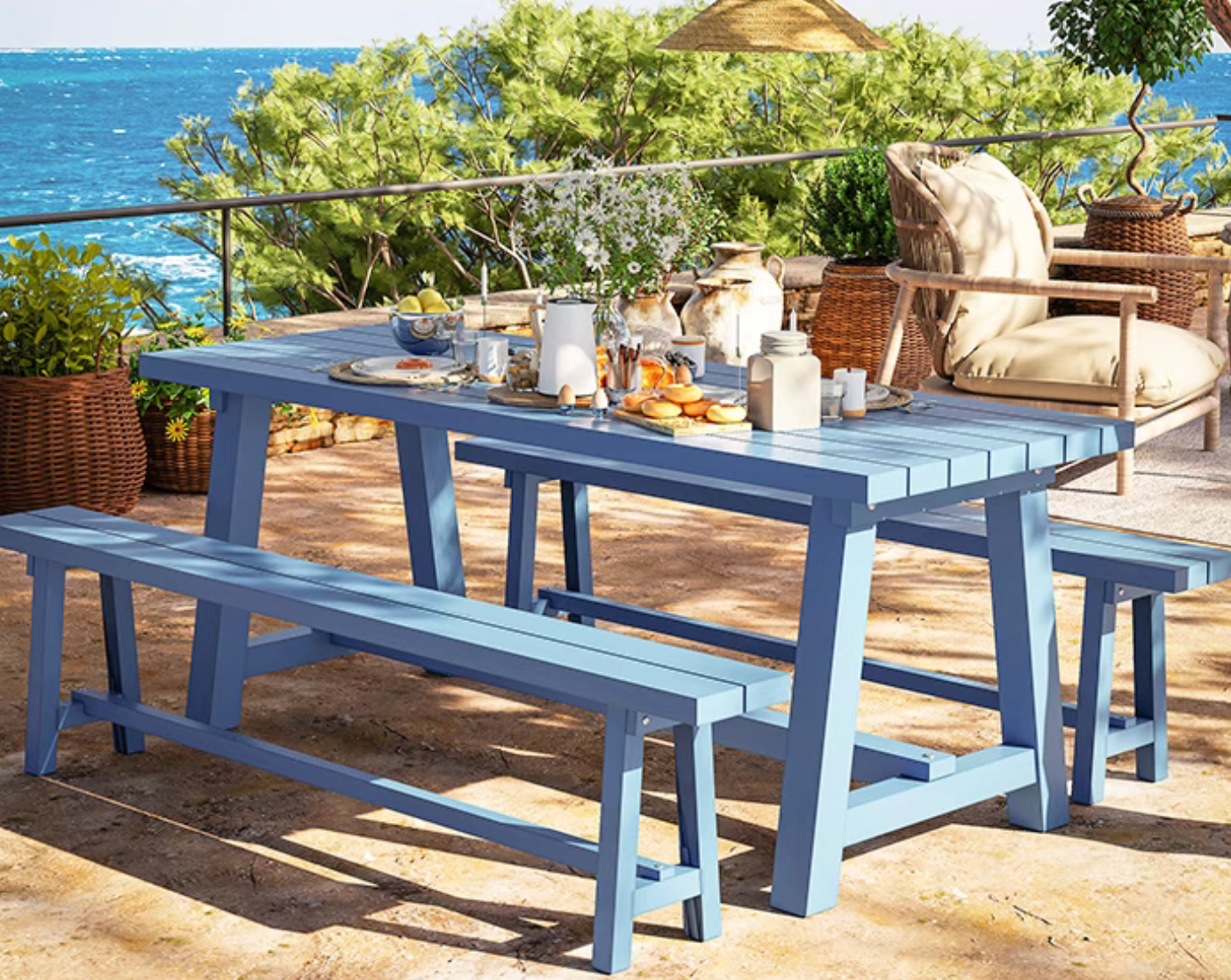 Outdoor 6-Seater Dining Table & Bench set - blue