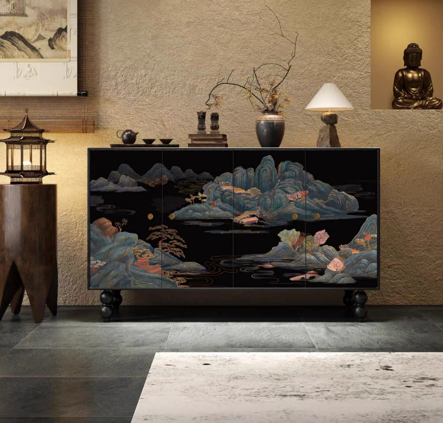 Chinese Vintage Mountain Pattern Wooden Cabinets