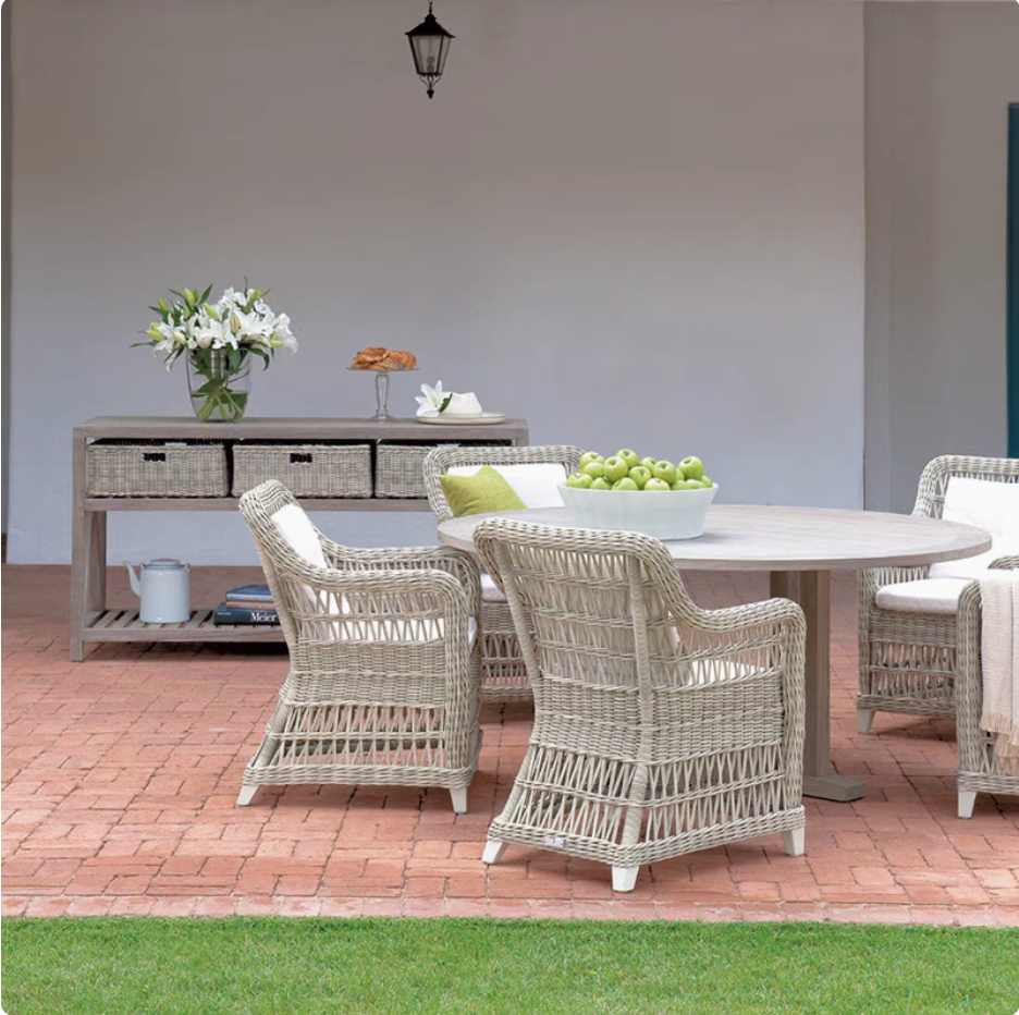 Classic Garden Rattan and Teak Table & Chairs Armrest Set