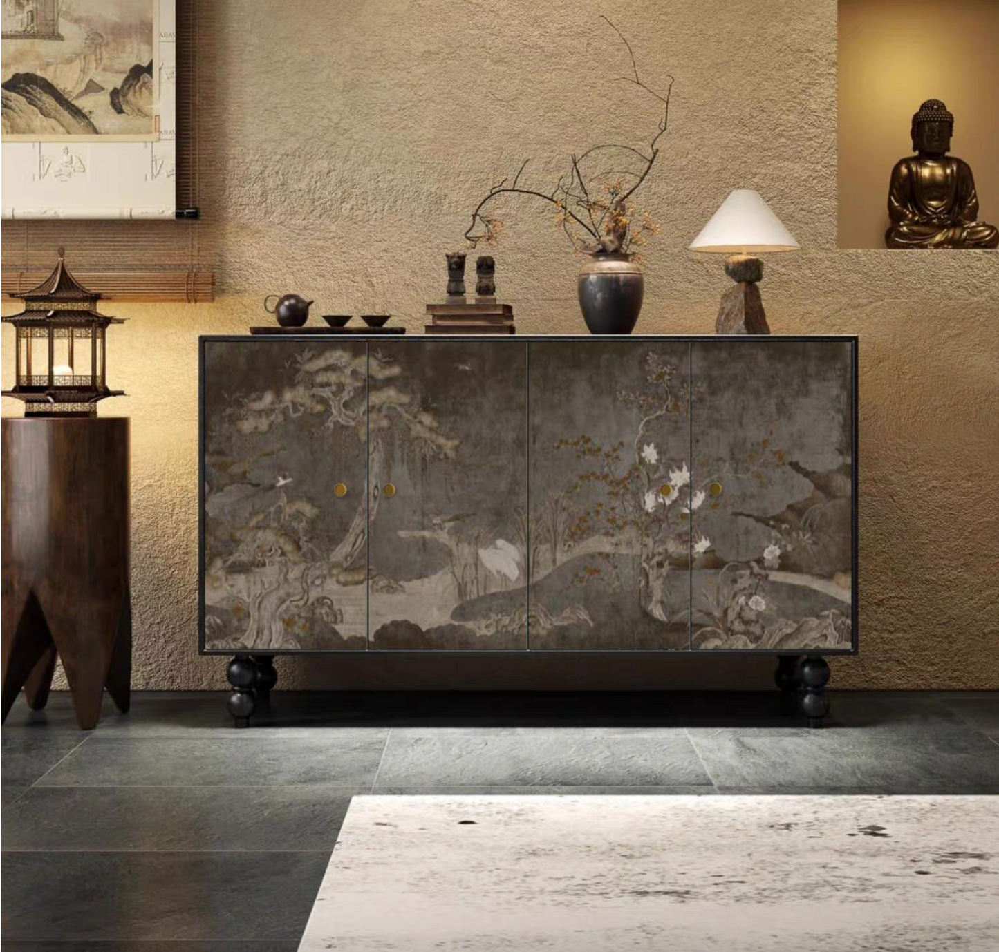 Chinese Vintage Mountain Pattern Wooden Cabinets