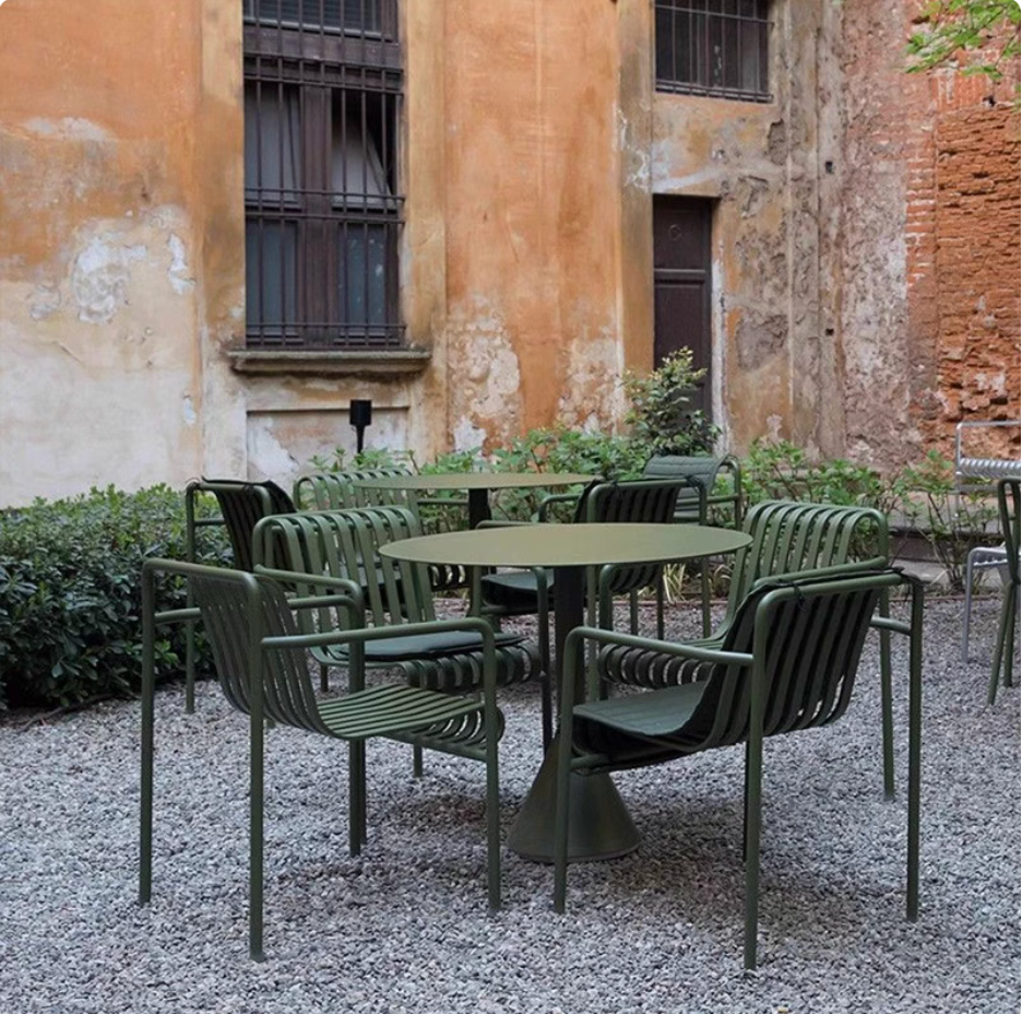 Olive Green-Garden Outdoor Metal Round Table & Chairs with armrest Set