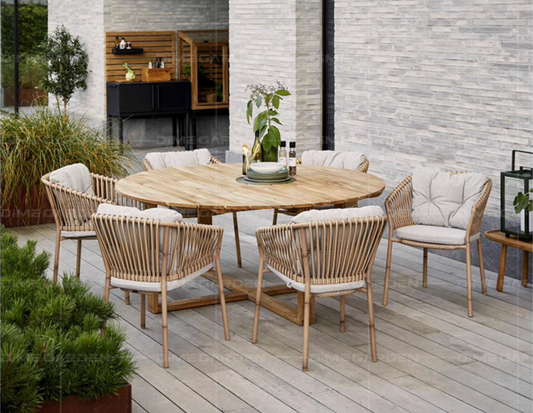Luxury 6-Seater Garden Round Dinning Table-Teak Wood & Chairs Set