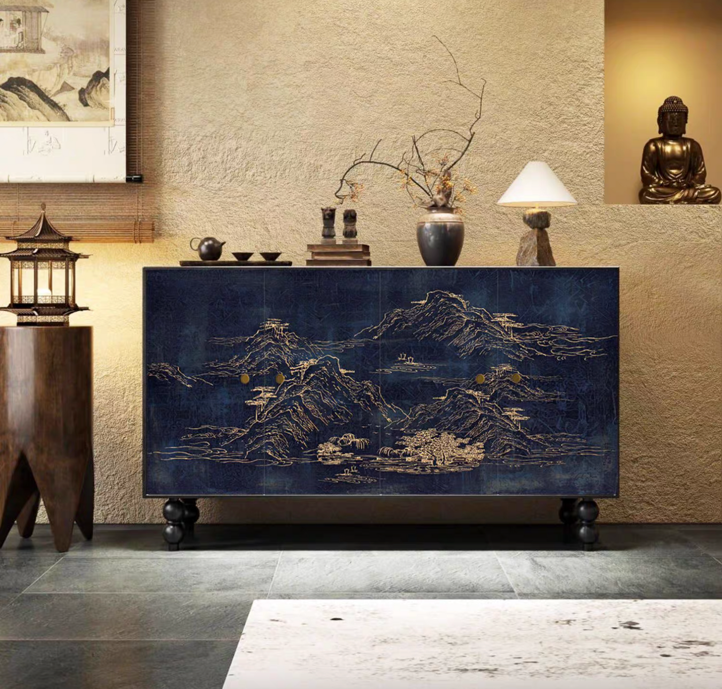 Chinese Vintage Mountain Pattern Wooden Cabinets